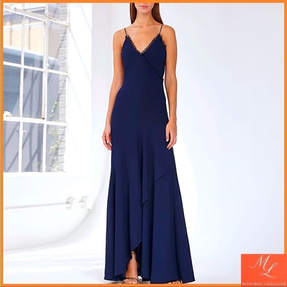 ML Monique Lhuillier Ruffled Crepe Gown Navy 2